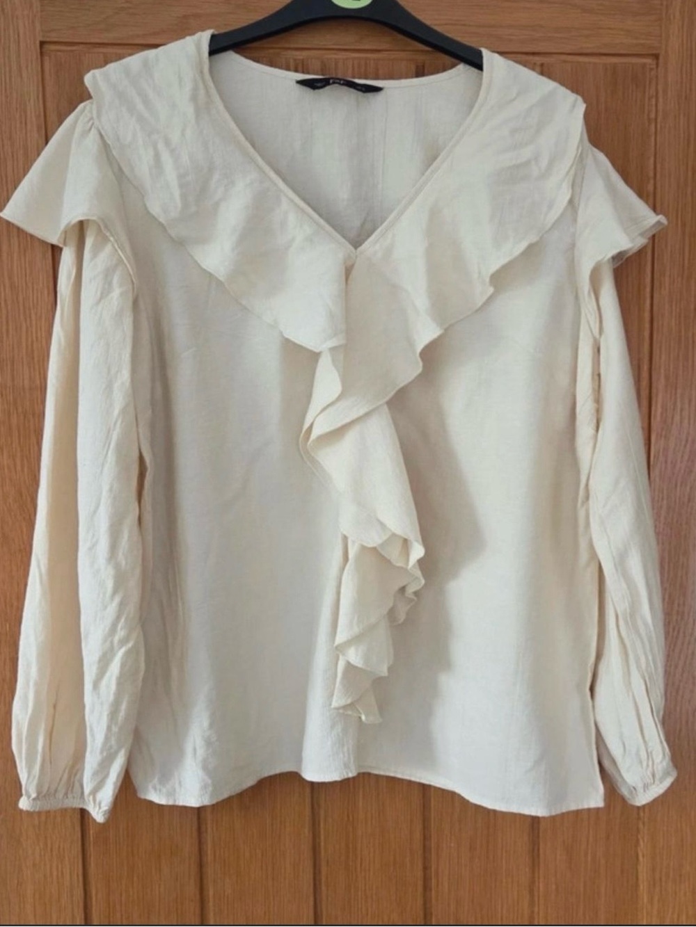 F&F Cream Ruffle V-Neck Long Sleeve Blouse